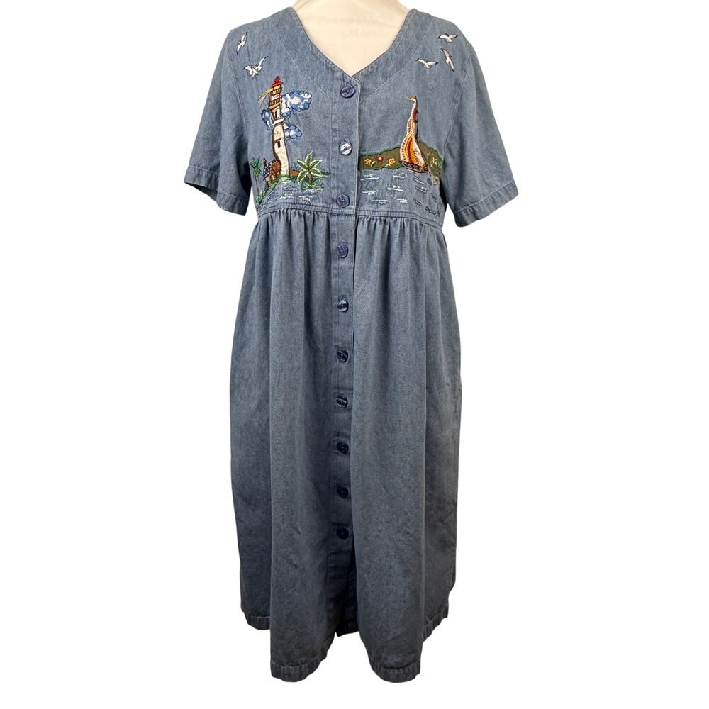 Go Softly Patio Dress Button Front Embroidered Nautical Lighthouse Women's Med